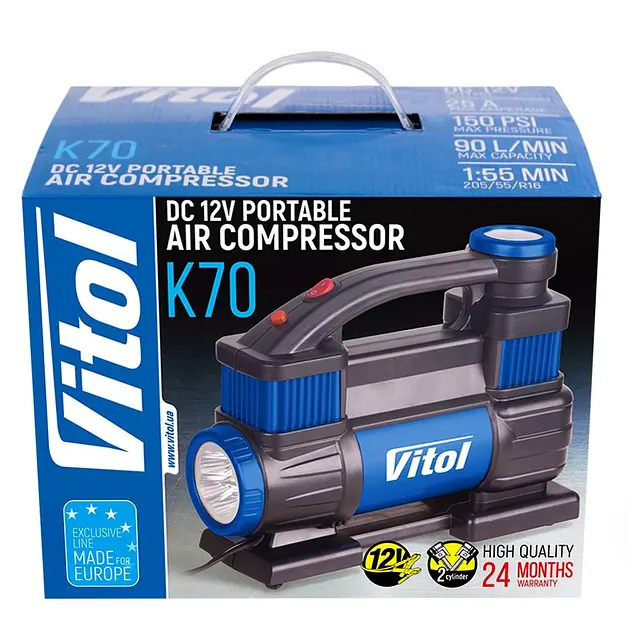 Автомобільний компресор Vitol 150psi 25Amp R15-R18 90л 2 циліндри шланг 1,0+5,0м клеми (K-70) - фото 8