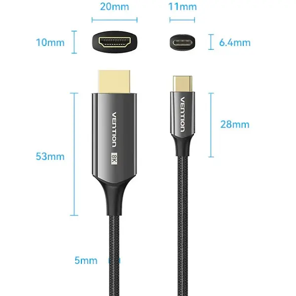 Кабель USB 3.1 Type-C M - HDMI M, 1.8m V2.0 8K 60 Гц Zinc Alloy TPE Чорний Vention - фото 4