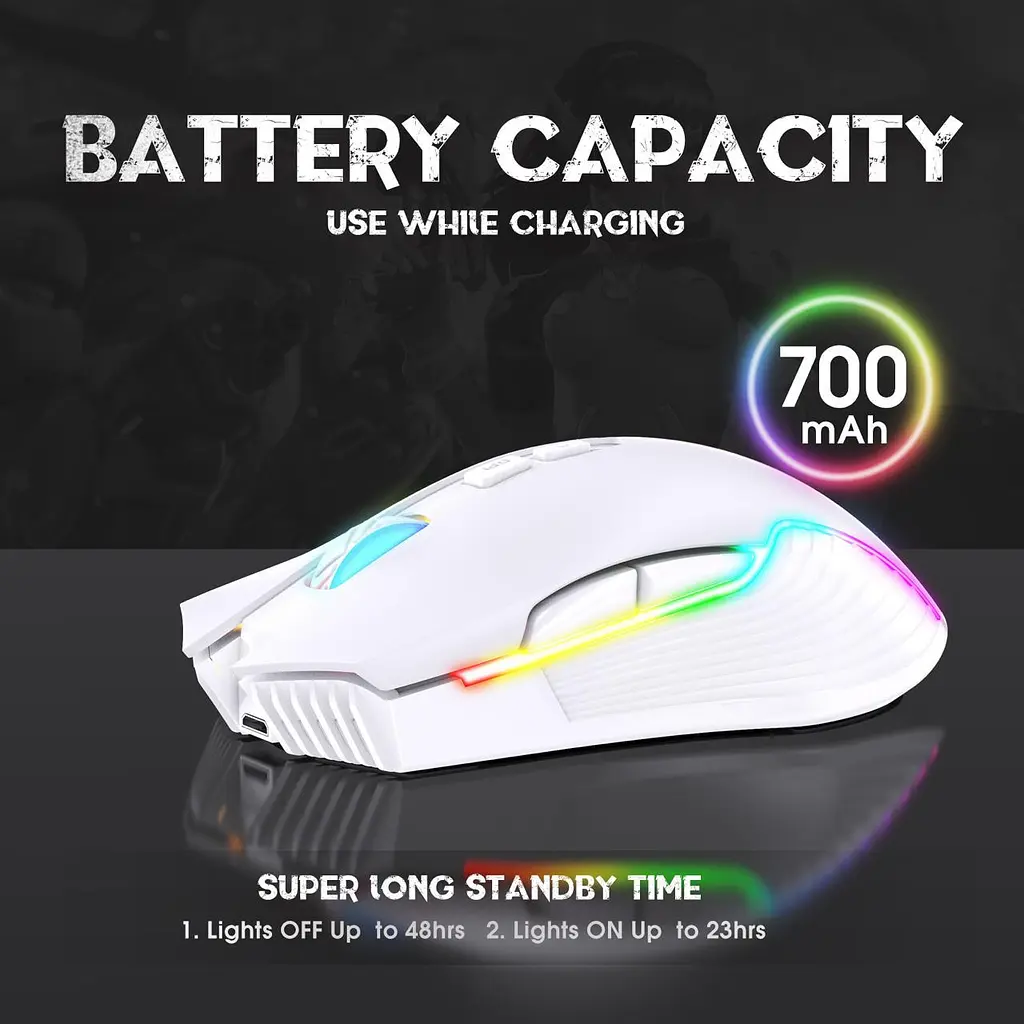 Компьютерная мышка Onikuma беспроводная игровая C105 с RGB подсветкой 2.4GHz 600-3600 DPI 7 кнопок бесшумная для ПК и ноутбука белая - фото 5