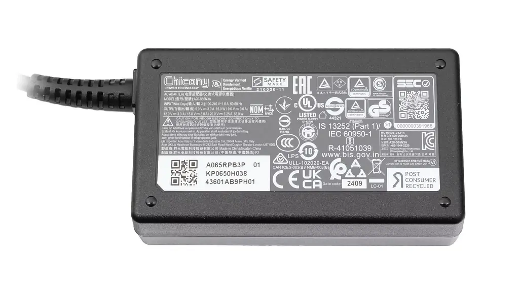 Блок живлення (зарядка) для ноутбука Acer Chicony 65W (5V-3A; 9V-3А; 12V-3А; 15V-3А; 20V-3.25А; USB Type-C) A20-065N3A [KP0650H034] - фото 3