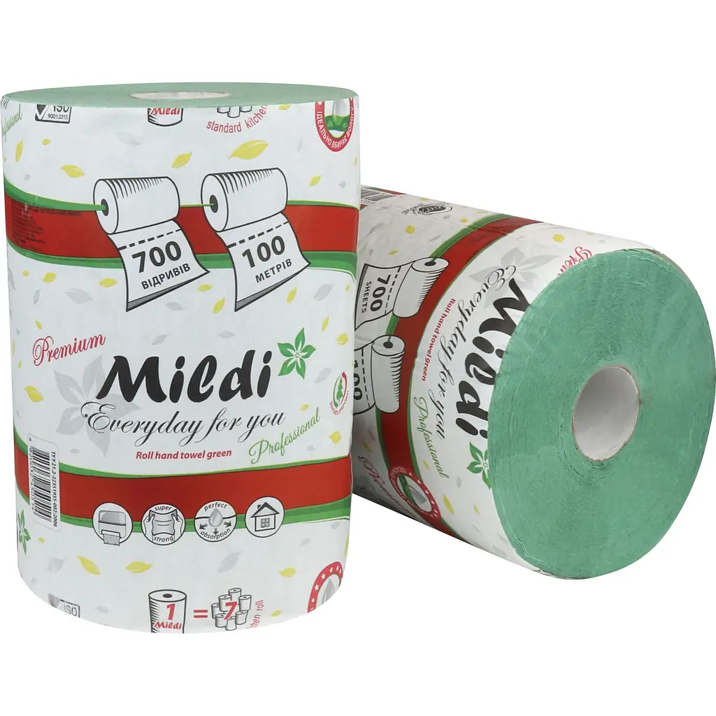 Паперові рушники Mildi Premium одношарові 100 метрів 700 відривів зелені - фото 2