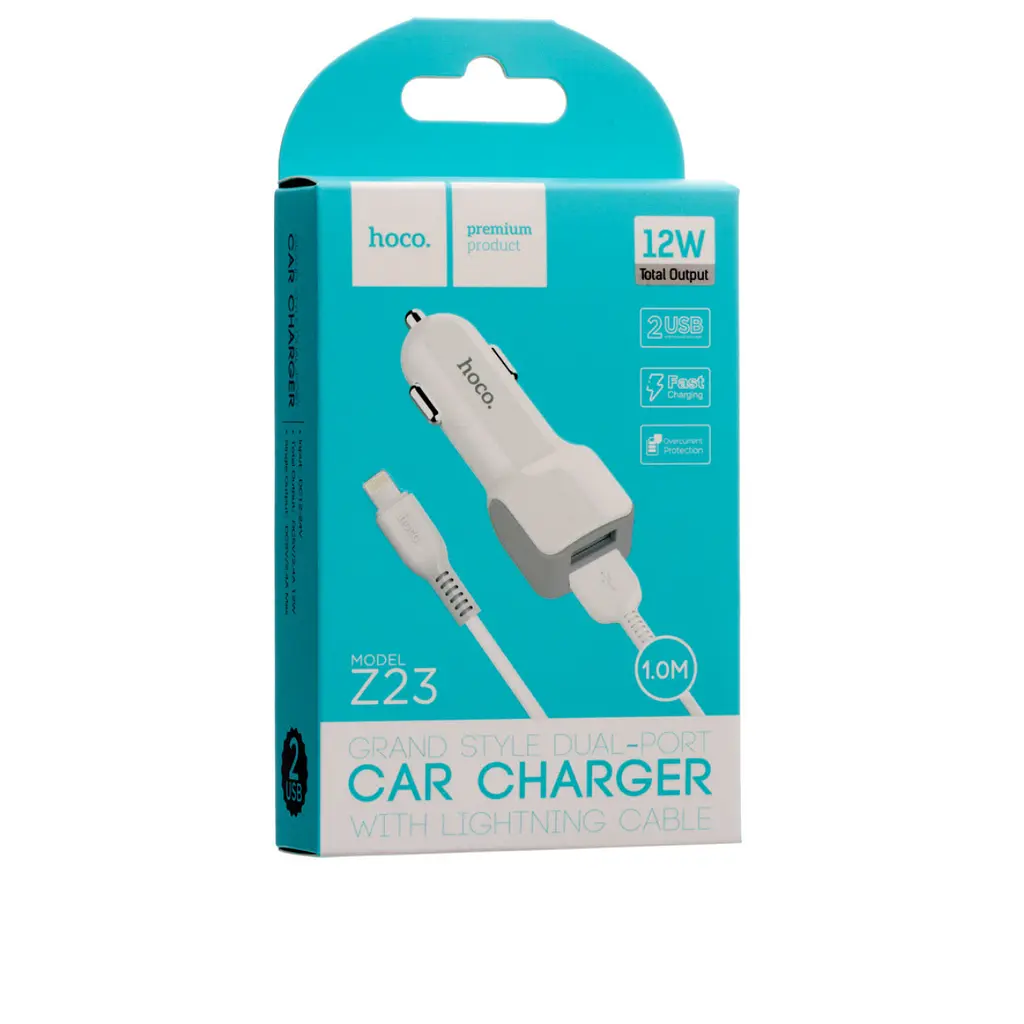 АЗП Hoco Z23 grand style dual-port car charger with Lightning 2USB 2.4A White - фото 2