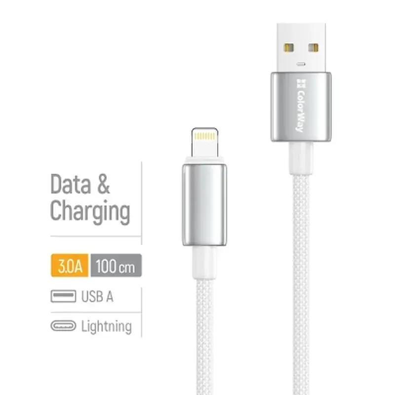 Дата кабель USB 2.0 AM to Lightning 1.0m 3A zinc alloy braided white ColorWay (CW-CBUL098-WT) - фото 4
