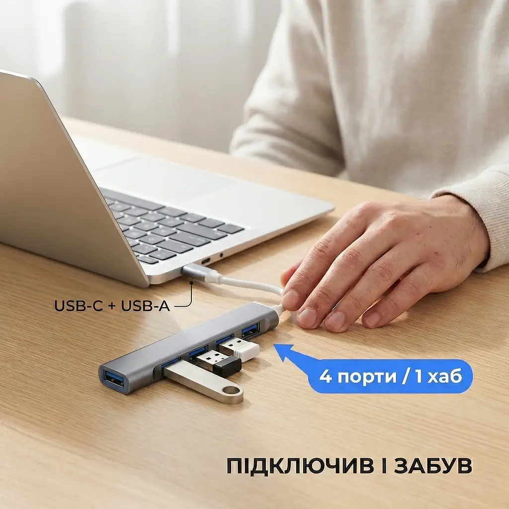 Алюмінієвий USB-хаб 4 порти 1×USB 3.0 + 3×USB 2.0 з підключенням Type-A і Type-C (графітовий) - фото 3