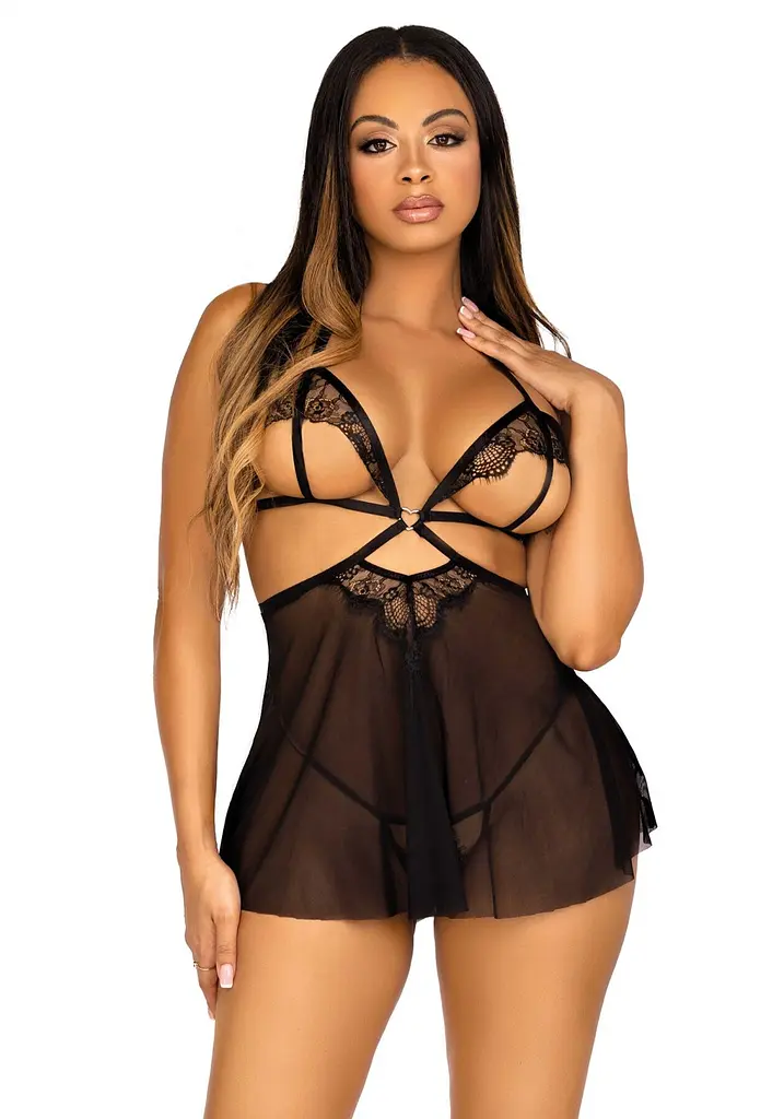 Сорочка беби-долл з відкритими чашками та стрінги Leg Avenue Lace and Mesh Babydoll & Panty, S, чорний