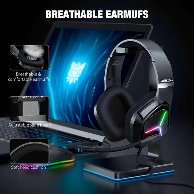 Проводная игровая гарнитура Onikuma Gaming with Blue LED X9, USB, 3.5mm, 2m, black - фото 5