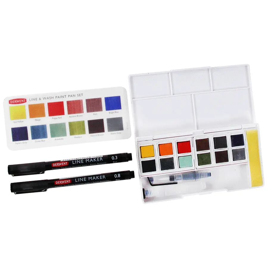 Набір Line and Wash Paint Pan 12 кольорів+пензель з резервуаром+2 лінери Derwent - фото 3
