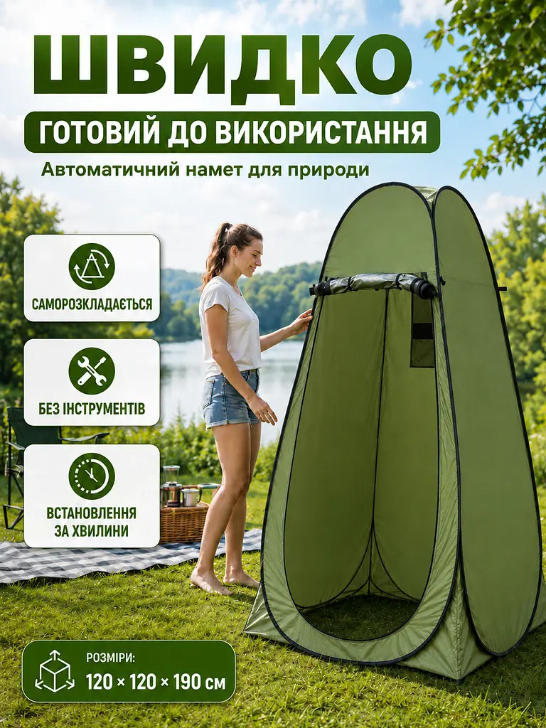 Автоматичний намет душ туалет роздягальня зелений 120 × 120 × 190 см для кемпінгу (49675924), Хакі - фото 3