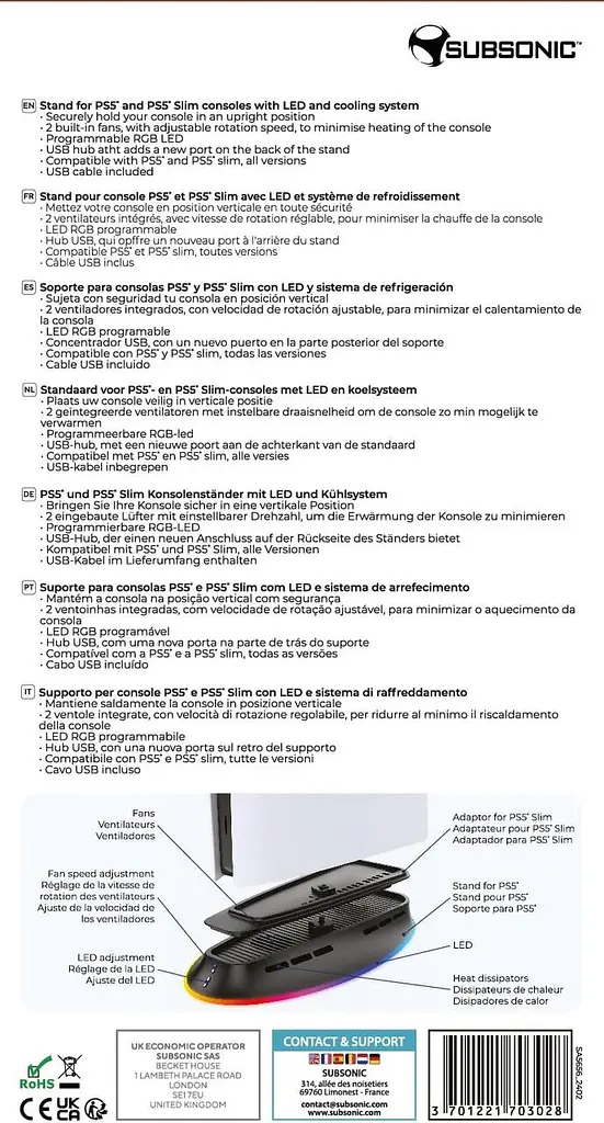 Подставка Subsonic PS5 для PS5 и PS5 Slim 2-скоростной вентилятор светодиодная база PS5 RGB - фото 5