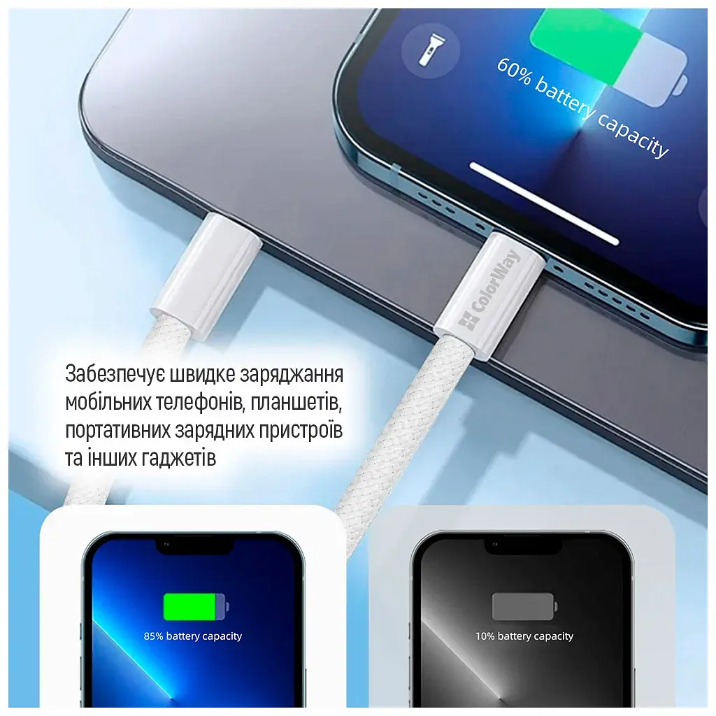 Дата кабель USB-C to Lightning 1.0m 27W grey ColorWay (CW-CBPDCL061-GR) - фото 12