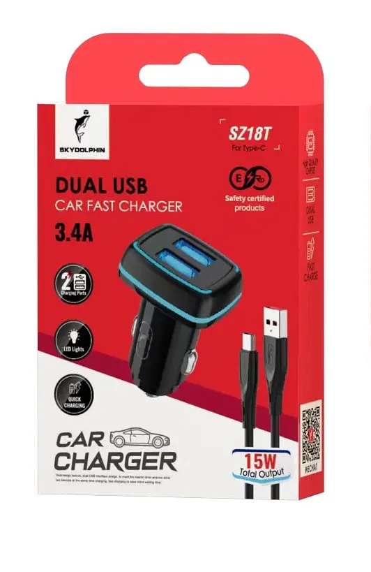 Автомобільний зарядний пристрій SkyDolphin SZ18T (2USB, 3.4A) Чорний (AZP-000100) + кабель Type-C - фото 2