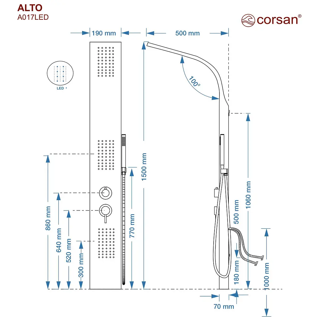 Душова панель Corsan Alto silver LED A017MSLLED, Сірий - фото 3