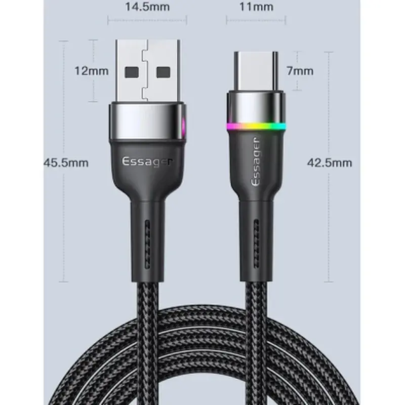 Дата кабель USB 2.0 AM to USB-C 1.0m 3A LED black Essager (EXCT-XCD01) - фото 9