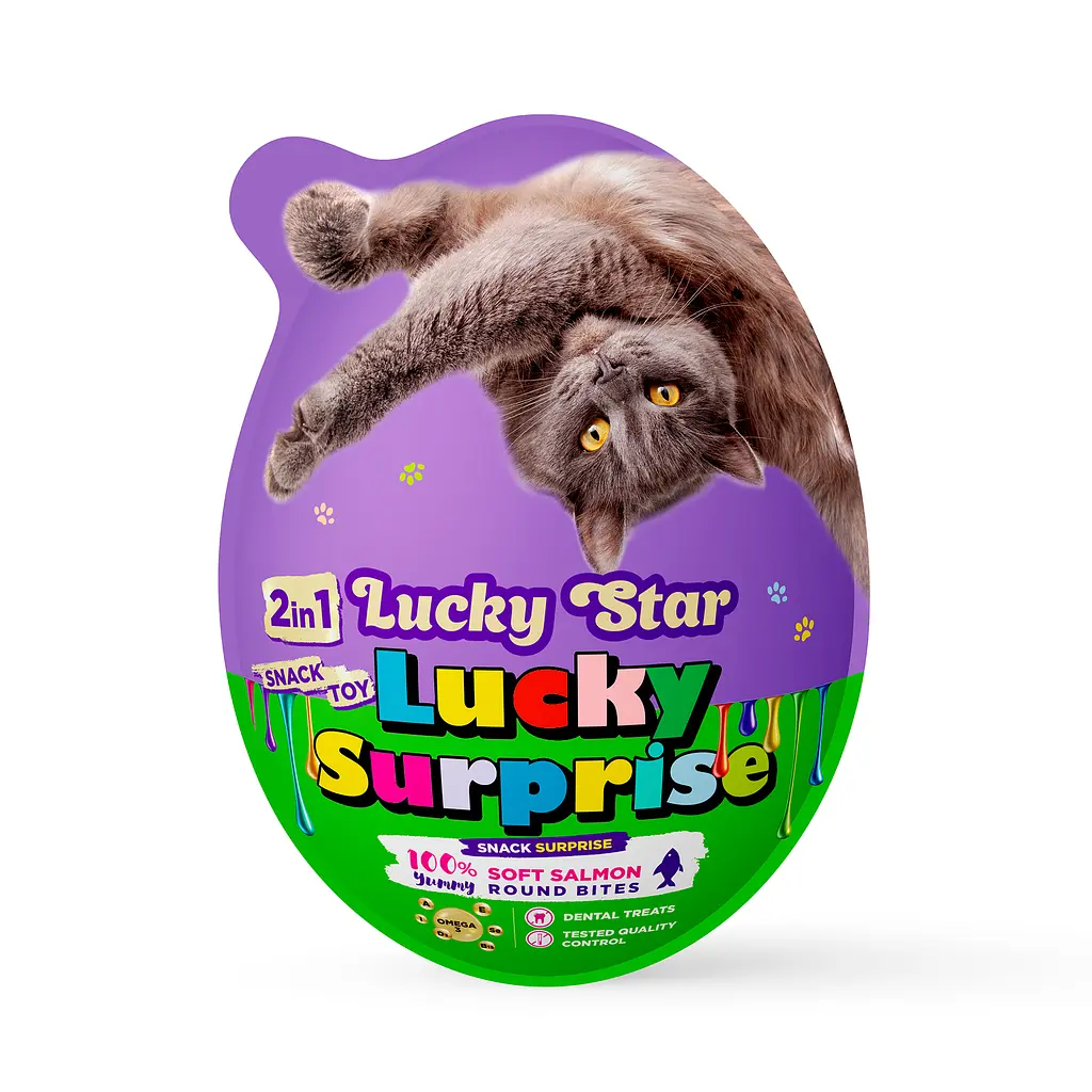 Яйце-сюрприз Lucky Star для котів з іграшкою та шматочками вʼяленого лосося