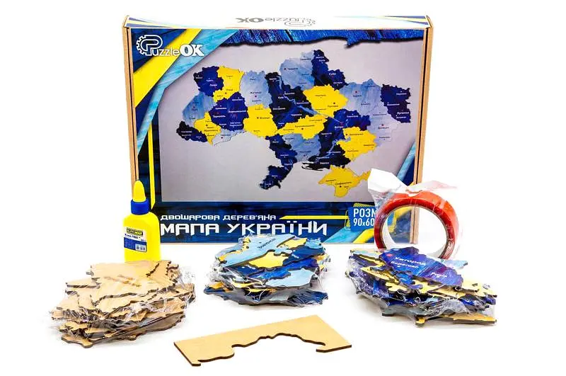 Дерев'яна настінна карта-пазл України 60x90 см рельєфне панно (60906)