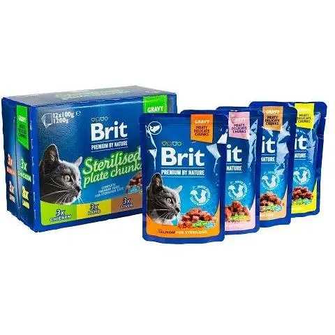 Вологий корм Brit Premium Cat Набір паучів сімейна тарілка для стерилізованих котів асорті 4 смаки 100 г х 12 шт. - фото 5