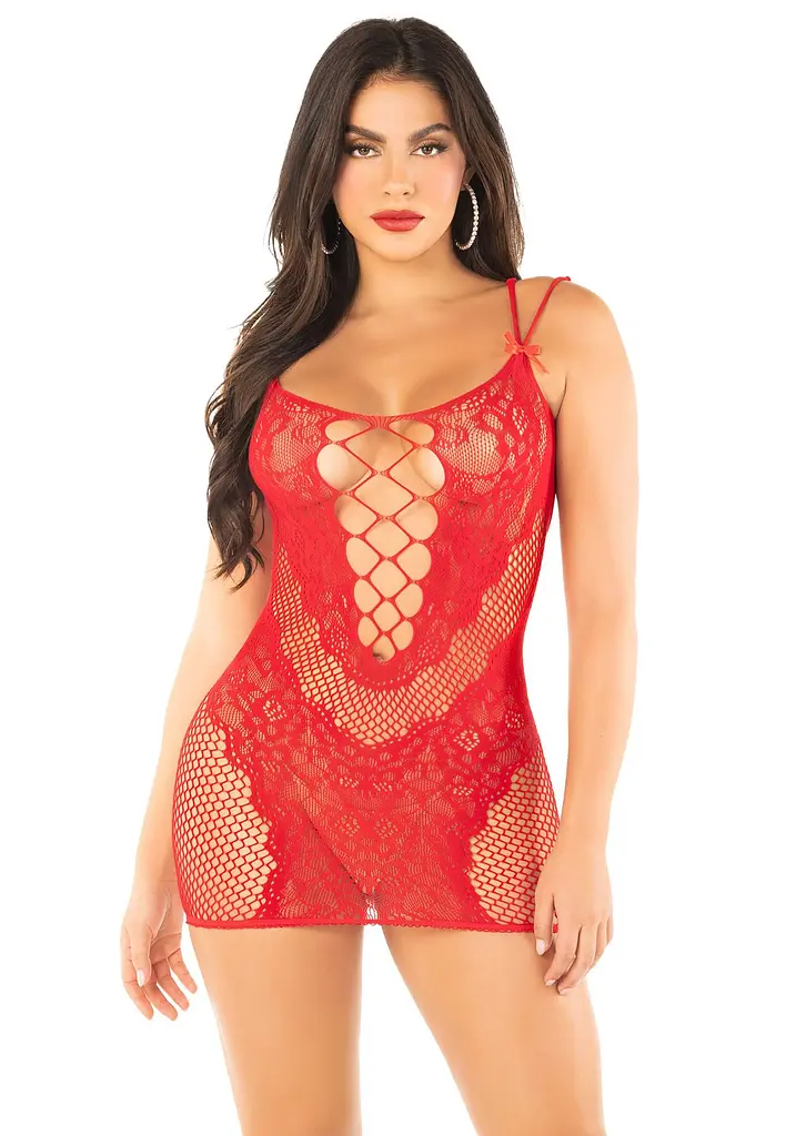 Еротична мінісукня Leg Avenue Lace and Net Mini Dress, Red, One Size, ажурна, відкрита спина - фото 5
