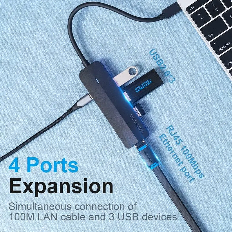 Хаб USB 3.1 Type-C - 3xUSB 2.0/MicroUSB/RJ45 100Mb Ethernet Black Vention (TGOBB) - фото 2