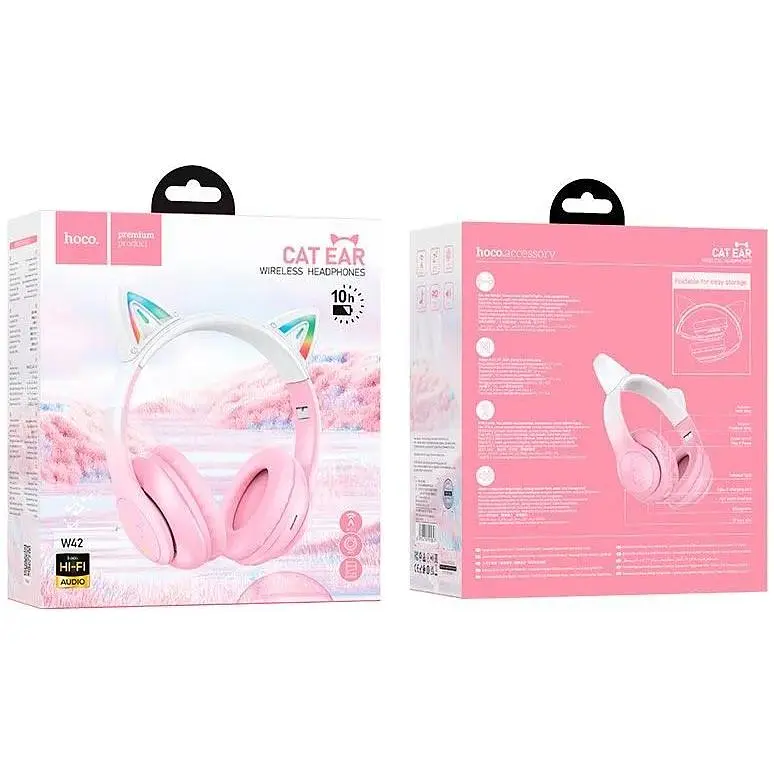 Наушники беспроводные с ушками Hoco Cat ears BT headphones W42 бело розовые - фото 2