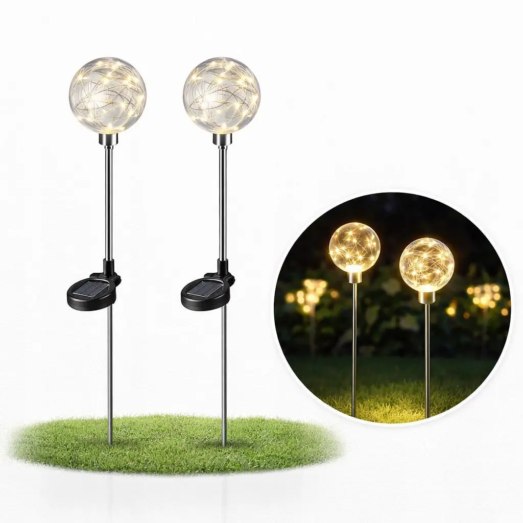 Садовий світильник SunLamp на сонячній батареї — куля 20 см, 20 LED, тепло-біле світло, 2 шт.