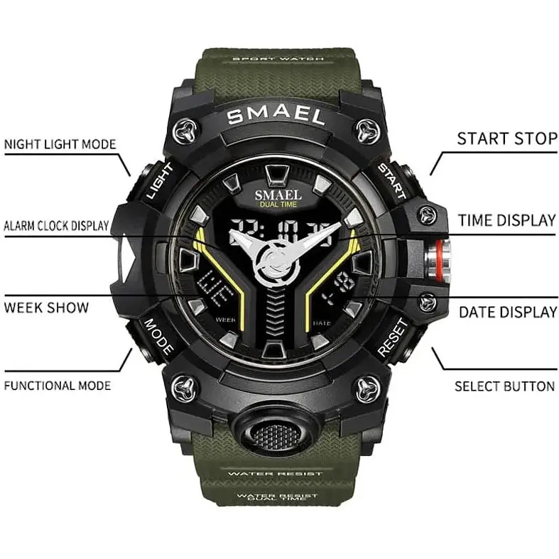 Годинник наручний Smael 8075 з подвійним дисплеєм Army Green (17783) - фото 2