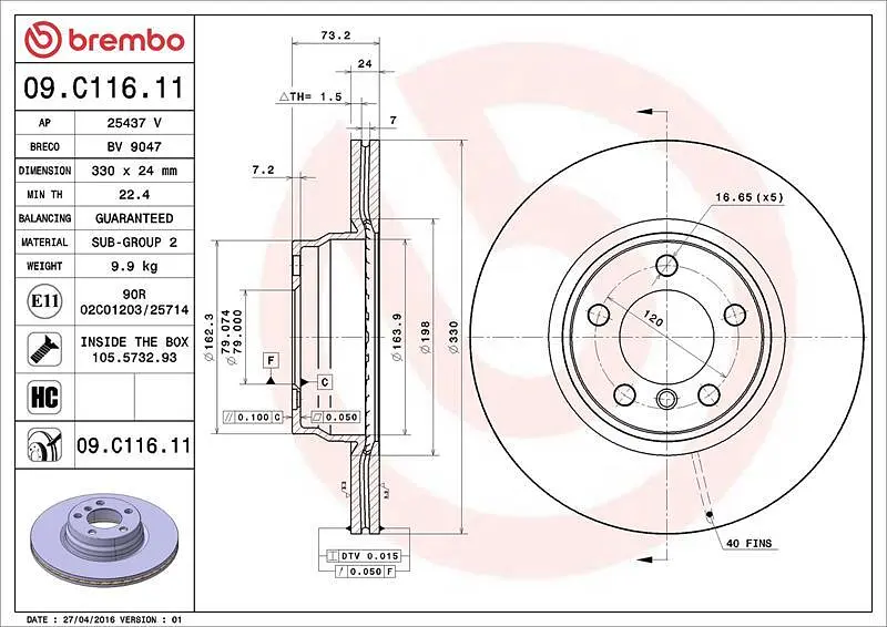 Диск гальмівний вентильований Bmw 3, 4, 2 11-25р Brembo (09.C116.11) - фото 3