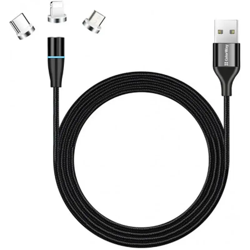 Дата кабель USB 2.0 AM to Lightning + Micro 5P + USB-C 1.0m Magnetic ColorWay (CW-CBUU038-BK)