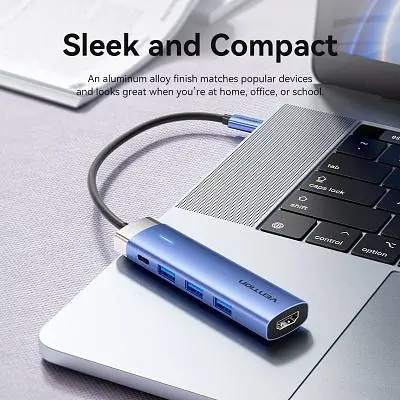 Концентратор Vention USB 3.1 Type-C to HDMI/USB 3.0x3/PD 100W Blue Aluminum Alloy Hub 5-in-1 (TGESB) - фото 3