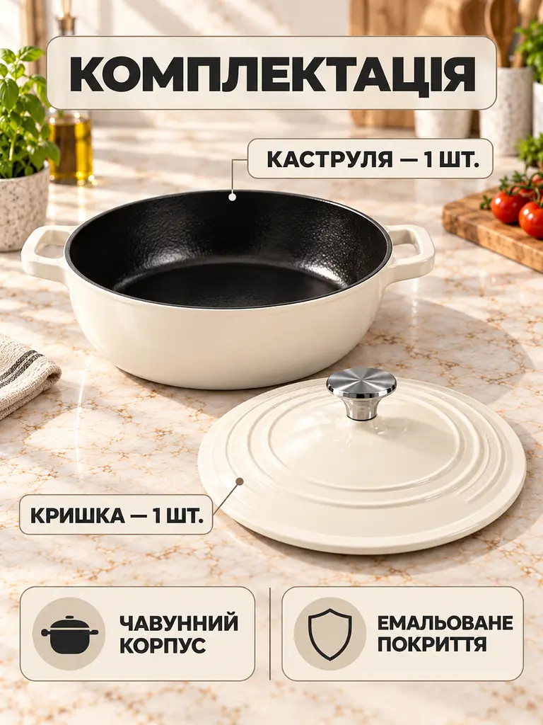 Каструля чавунна емальована 2,6 л 26 см з кришкою для тушкування біла (37261122) - фото 8