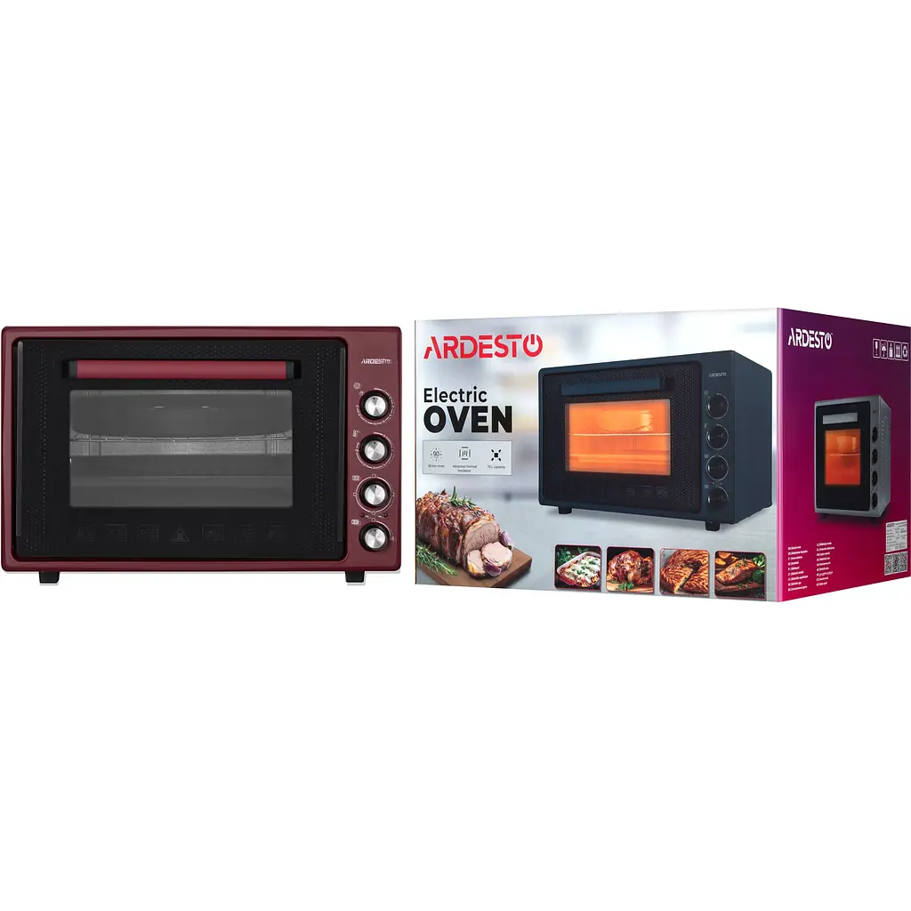 Печь электрическая Ardesto 70 л, 2000 Вт, механич., двойное стекло, вертел, малиновый - фото 13
