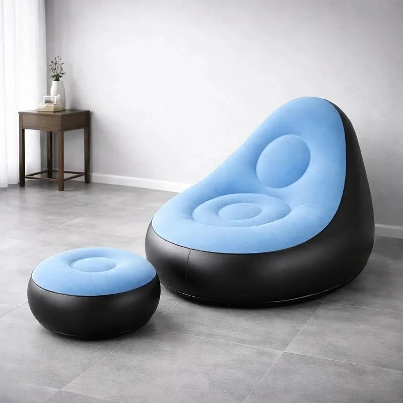 Надувне садове крісло з пуфиком Air Sofa Comfort велюрове 110×100×75 см вініл з вологостійким флокованим покриттям Блакитний  - фото 2