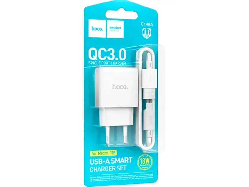 Мережевий зарядний пристрій Hoco C140A Smart Type-A to MicroUSB cable White (6942007627818) - фото 2