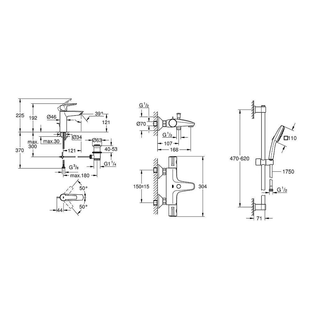 Комплект змішувачів для ванної кімнати з термостатом Grohe QuickFix UA202304TS, Хром - фото 2