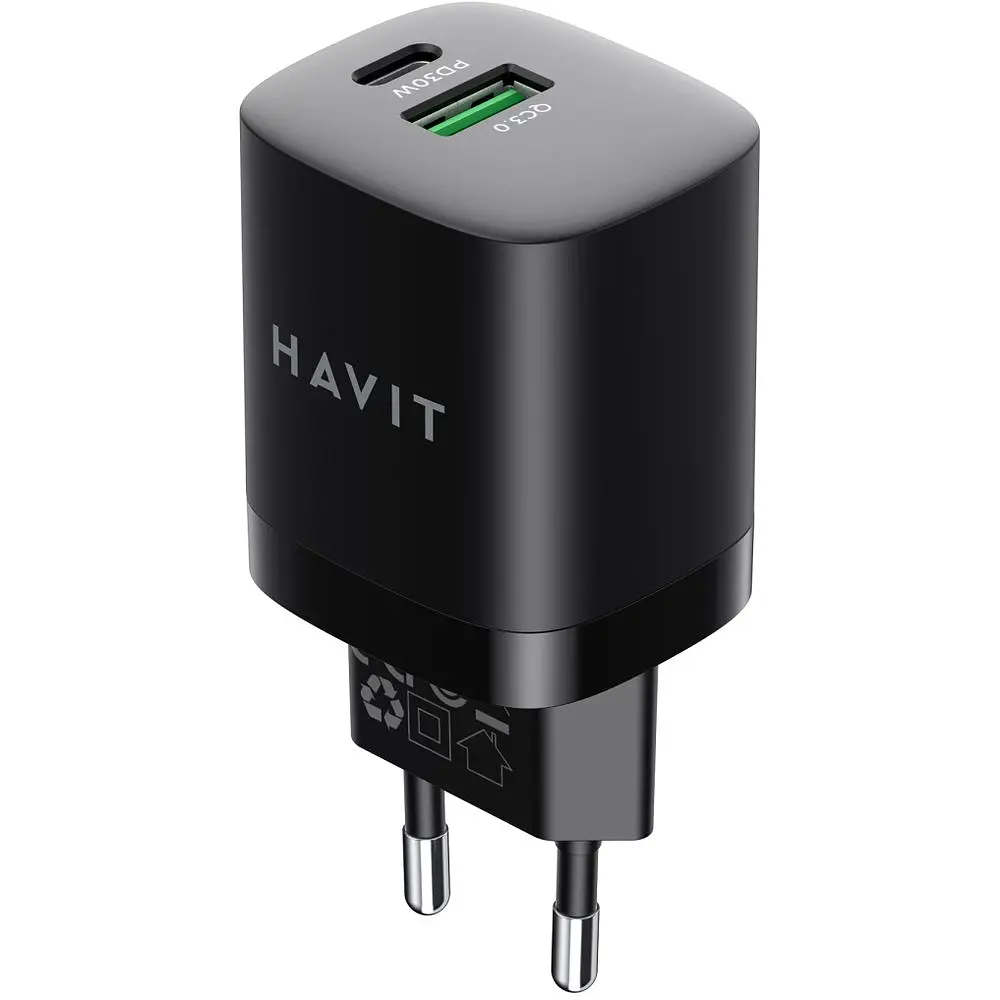 Зарядний пристрій Havit HV-UC30 GaN 30W USB+USB-C black (HV-UC30) - фото 2