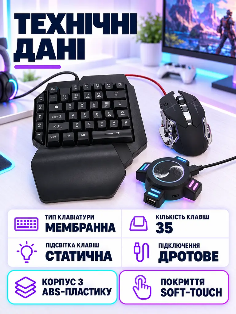 Ігровий набір 3 в 1 клавіатура миша та конвертер з RGB-підсвіткою для ПК та консолей Чорний (37261528) - фото 7