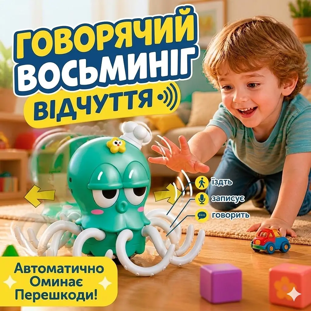 Інтерактивна дитяча іграшка танцюючий восьминіг інтерактивний бігаючий кальмар що танцює ходить їздить бігає оминає перешкоди музичний кальмарчик для дітей із функцією розпізнавання перешкод і музикою на акумуляторі - фото 2