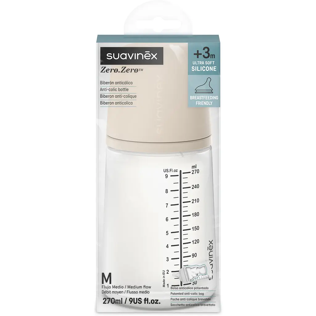Бутылочка для кормления Suavinex Zero антиколиковая 270 мл средний поток бежевая (308419) - фото 3