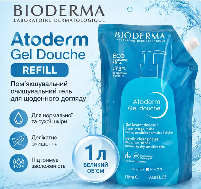 Гель для душу Bioderma Atoderm Gel Douche Refill пом’якшувальний очищувальний для сухої та нормальної шкіри 1 л - фото 2