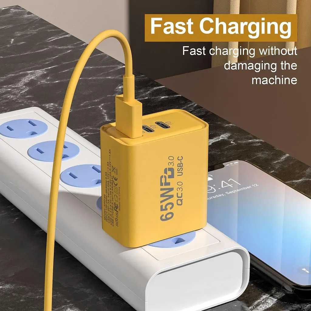 Адаптер для зарядки телефону AR-PD05, жовтий, 65W Fast Charger, з USB та 2 Type-C - фото 2