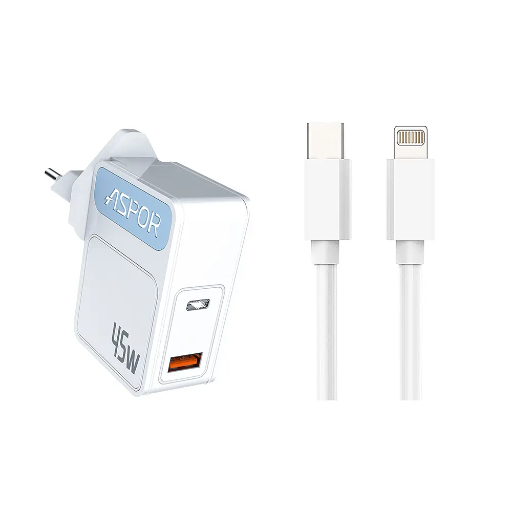 Мережевий зарядний пристрій Aspor A839 45W PD QC (UCB C+A) 2в1 Type-C + Lightning- білий