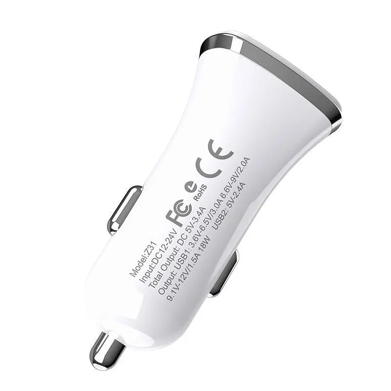 Автомобільний зарядний пристрій Hoco Z31 QC3.0 White 2 USB+ USB Cable Type-C - фото 3