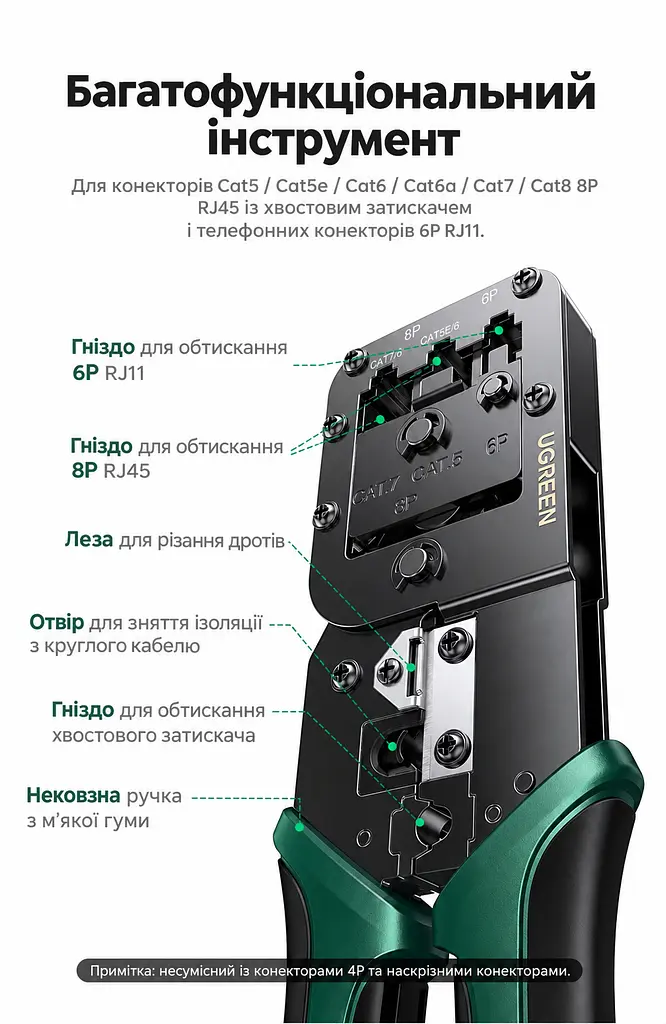 Обтискні кліщі для мережевого кабелю UGREEN NW200 кримпер для RJ45 8P та RJ11 6P зі зняттям ізоляції та різанням для конекторів Cat5 / Cat5e / Cat6 / Cat6a / Cat7 / Cat8 не для наскрізних конекторів або 4P з обтисканням хвостового затискача два отвори 8P без перемикання викруткою з м’якими нековзними руків’ями з фіксувальним кільцем для зберігання чорні (15115) - фото 2