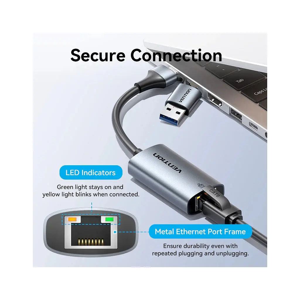 Переходник USB-C + USB A to RJ45 Ethernet 1000Mbps 0.15m aluminum gray Vention (CFQHB) - фото 5