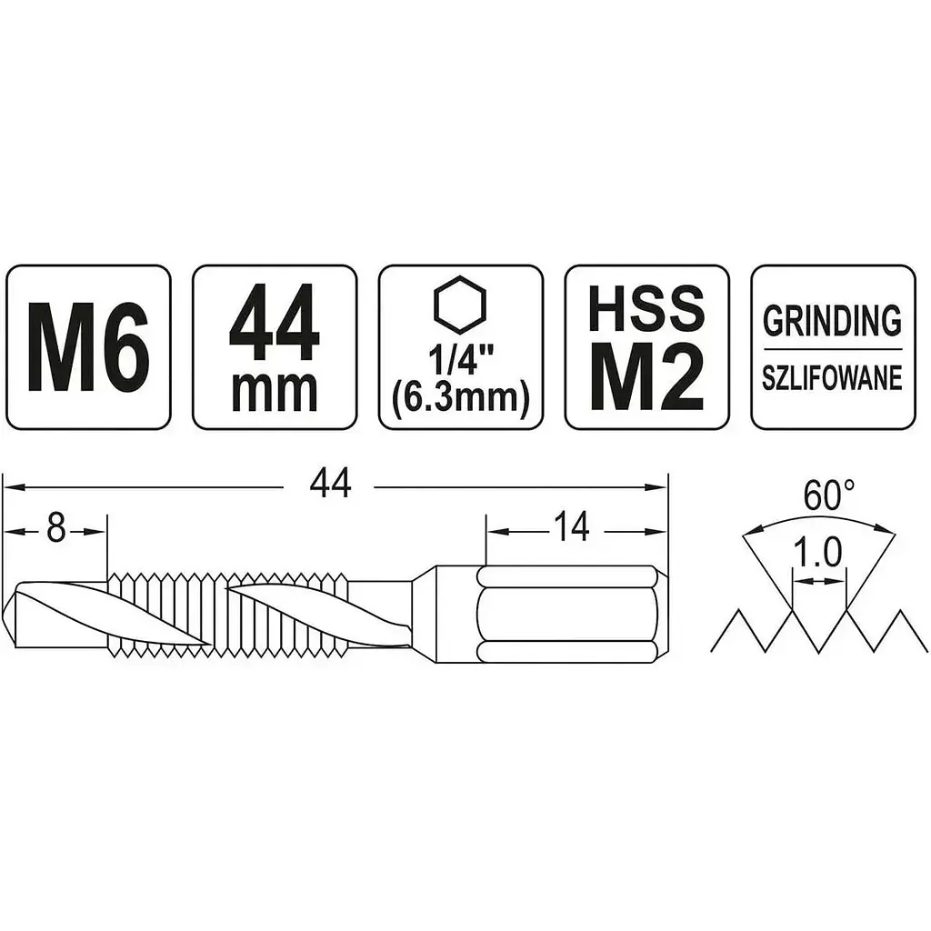 Сверло-метчик Yato М6х1 мм HSS М2 HEX-1/4 l=44/8 мм (YT-44843) - фото 4