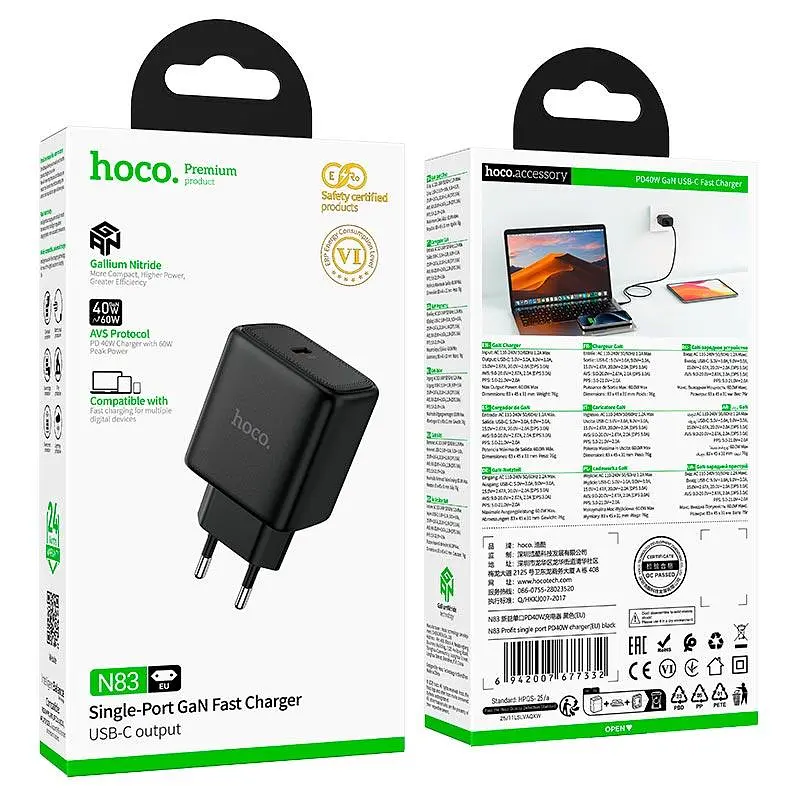 Адаптер мережевий HOCO Profit single port PD charger N83 | 1Type-C, 40W/3A, PD/QC| - фото 2