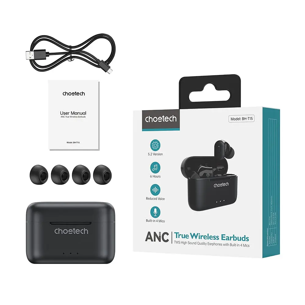 Беспроводные наушники Choetech BH-T15 Black TWS, Bluetooth 5.2, ANC+ENC (43-00137) - фото 4