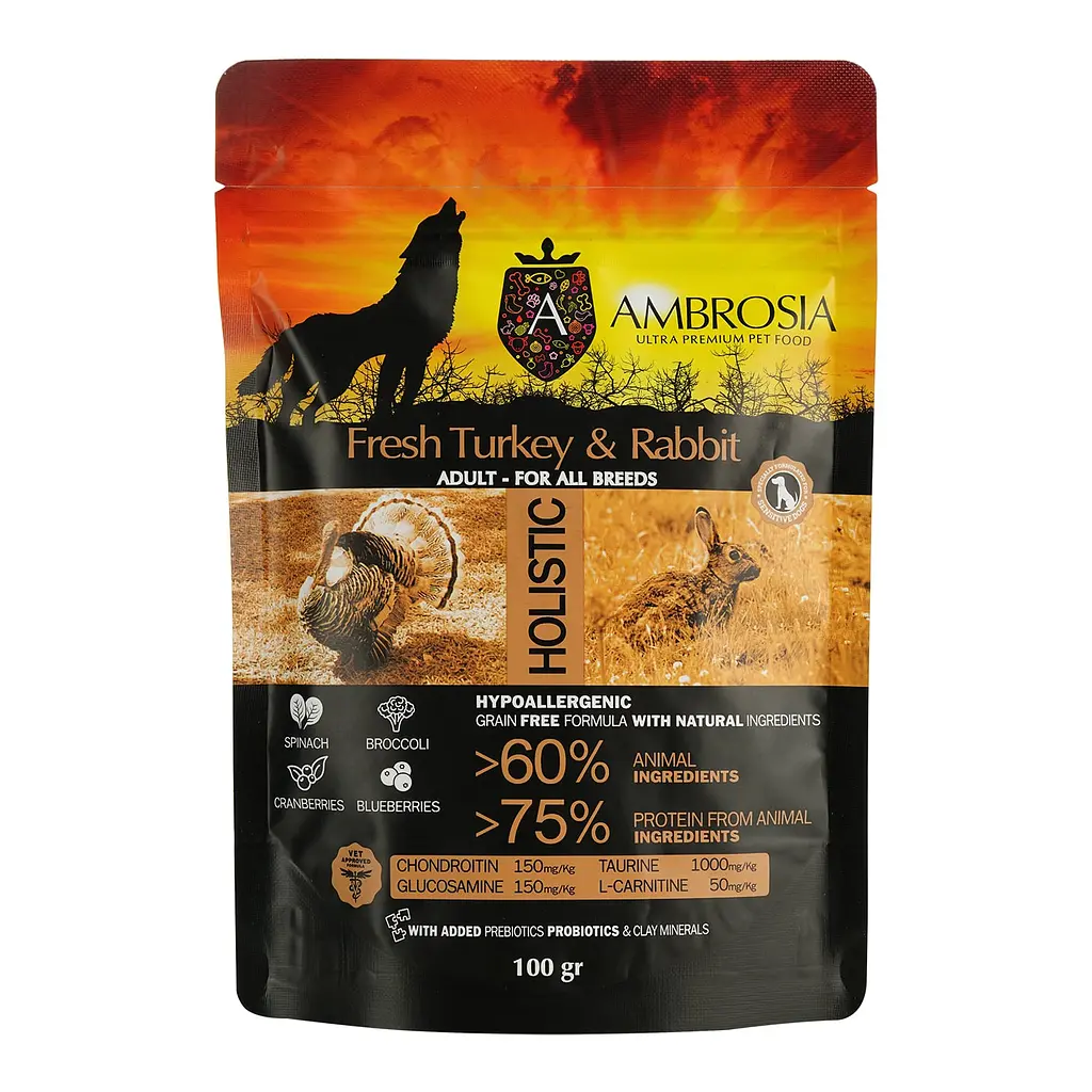 Набір: Корм сухий Ambrosia Grain Free Dog Adult Fresh Turkey & Duck для дорослих собак зі свіжою індичкою та качкою 100 г + Ambrosia Grain Free Dog Adult Sensitive Fresh Turkey & Rabbit для дорослих собак зі свіжою індичкою та кроликом 100 г - фото 6
