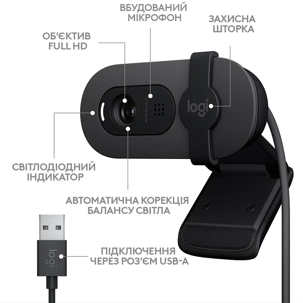 Веб-камера Logitech Brio 100 Full HD Webcam, Graphite - фото 7