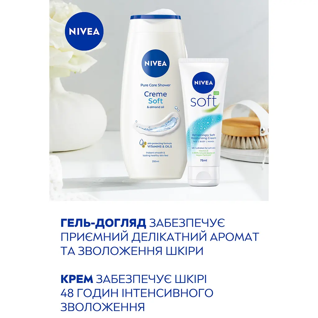 Набір жіночий Nivea Soft Care 2024: Гель-догляд для душу 250 мл + Зволожуючий крем 75 мл - фото 3