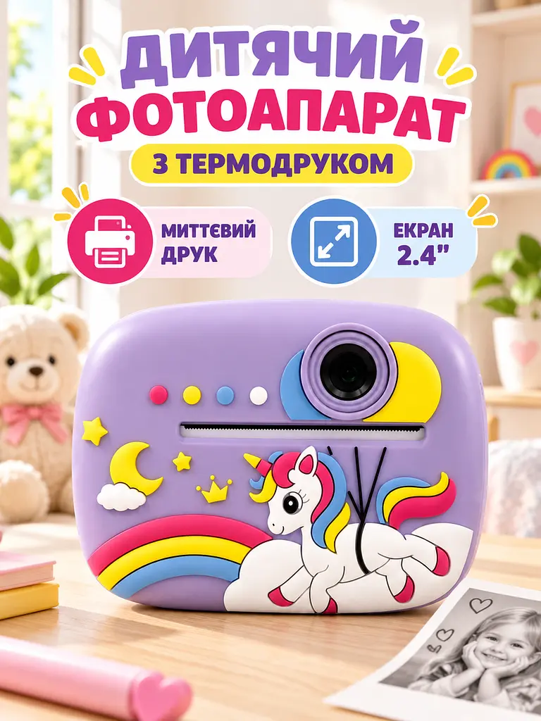 Фотоапарат миттєвого друку дитячий Єдиноріг Full HD акумуляторний з відео та термопапером 2, 4" 12 мП, фіолетовий (5068766629) - фото 2